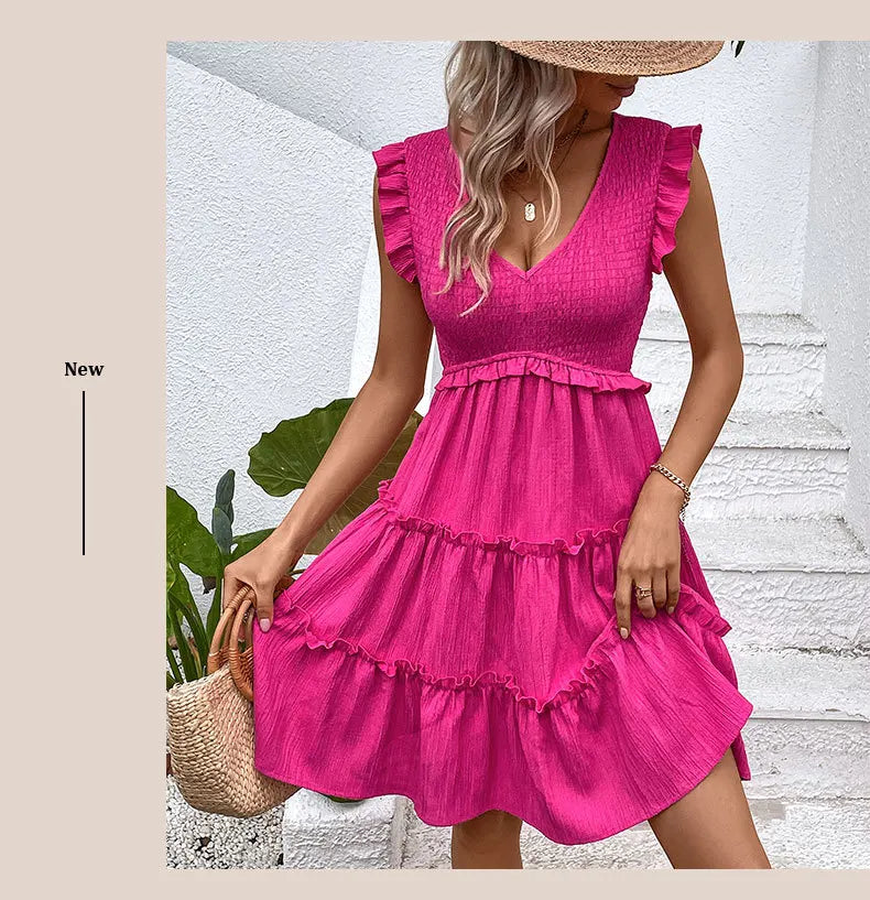 Summer Midi Dresses Casual Red Ruffle Big Hem Holiday Beach Dress Fashion Sleevelee V Neck Dresses - The Clothing Company Sydney