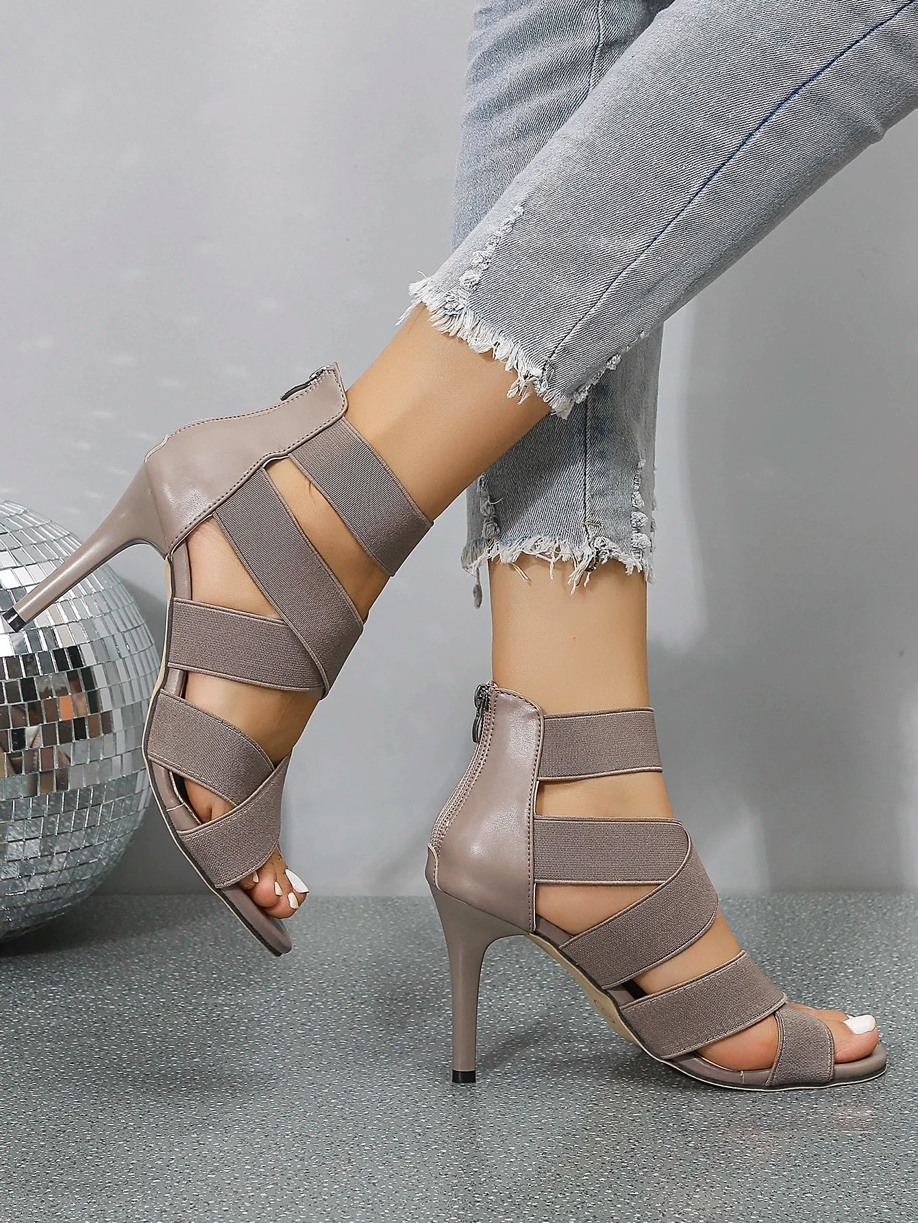 Khaki Beige Thin High Heels Women Summer Elastic Band Dress Party Wedding Shoe Back Zip Gladiator Sandals - The Clothing Company Sydney