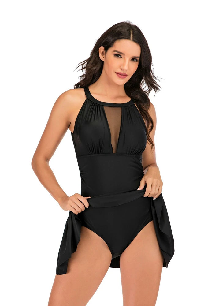 Women's One Piece Swimsuit Swimdress With Shorts Slim Mesh Hollow Out Design Solid Black/Red/Dark Blue Swimwear Plus Size - The Clothing Company Sydney