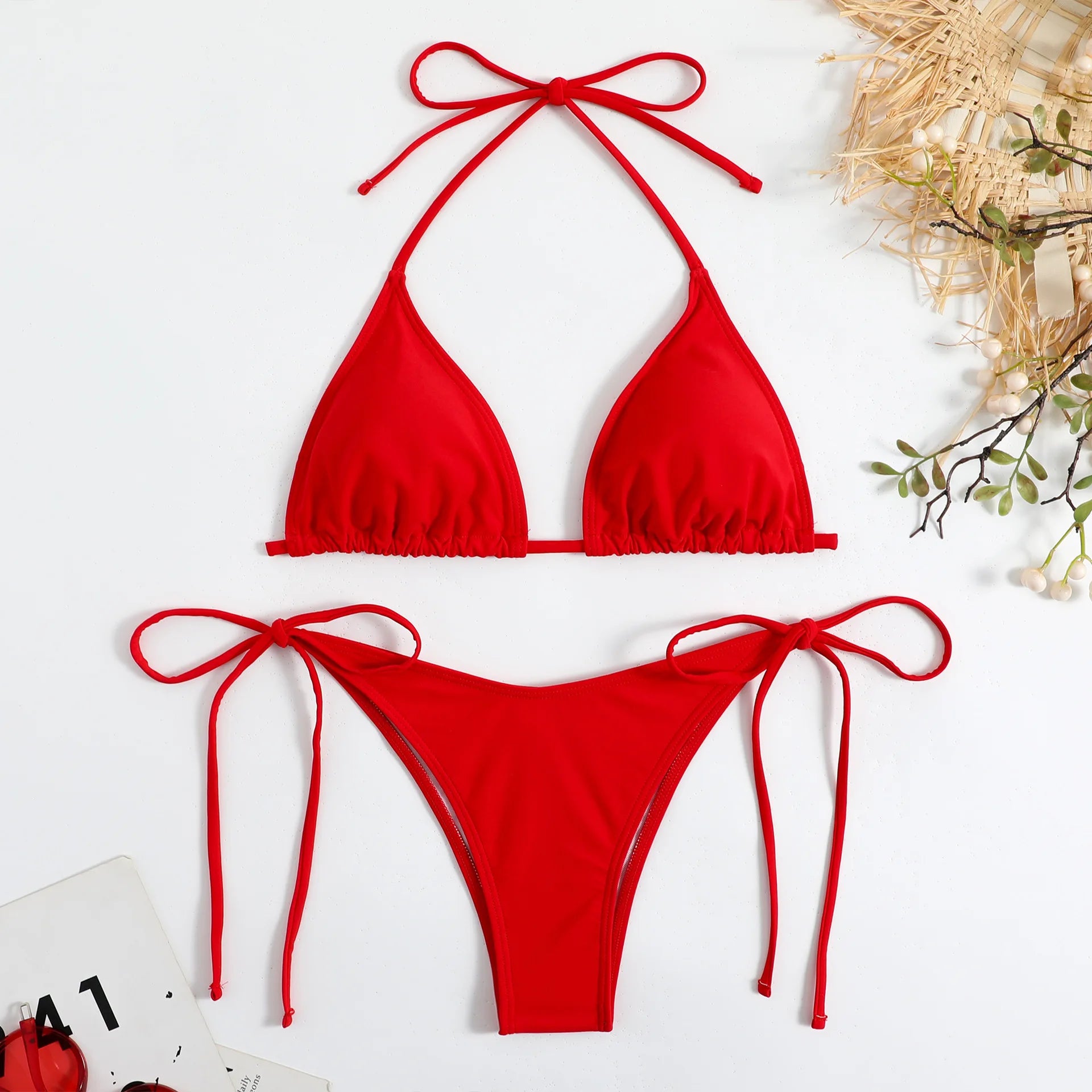 2 Piece Brown Bikini Red Halter Push Up Bra Tie Side Triangle Swimsuit Summer Bathing Suit Lace Up Micro Swimwear - The Clothing Company Sydney