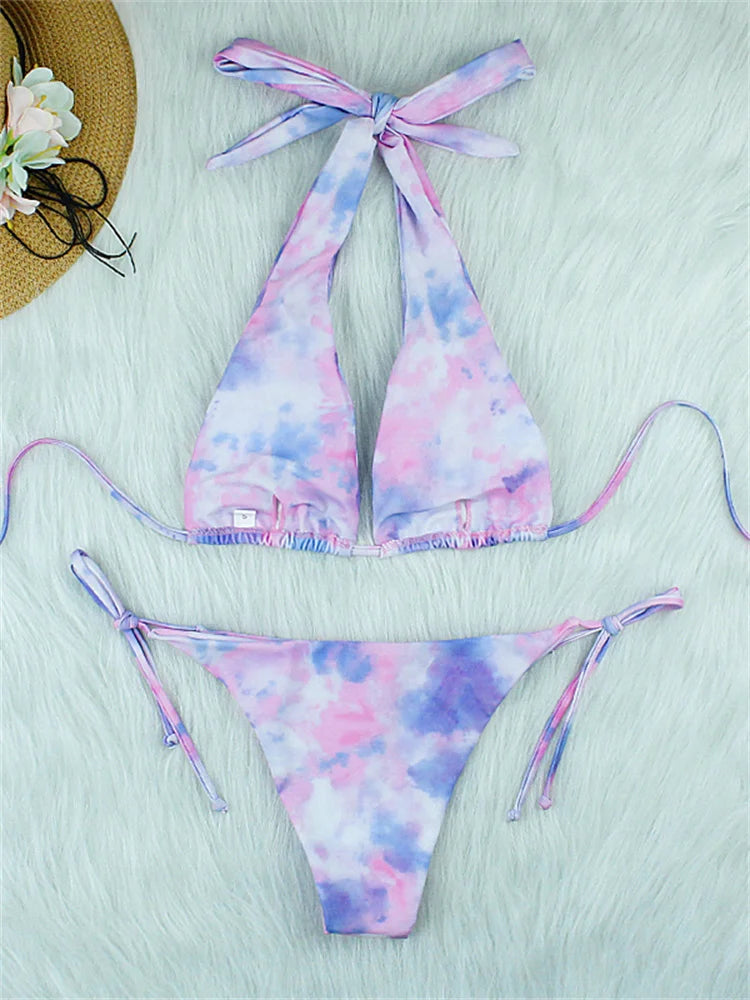 Bikini Swimsuit Women Halter Lace Up Swimwear Tie Dye Bikinis Thong Bathing Suit For Female Summer Beach Wear - The Clothing Company Sydney