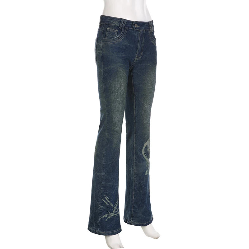 Y2K Grunge Chic Skinny Low Rise Flared Jeans Women's Vintage Aesthetic Heart Printed Denim Trousers Boot Cut Pants The Clothing Company Sydney