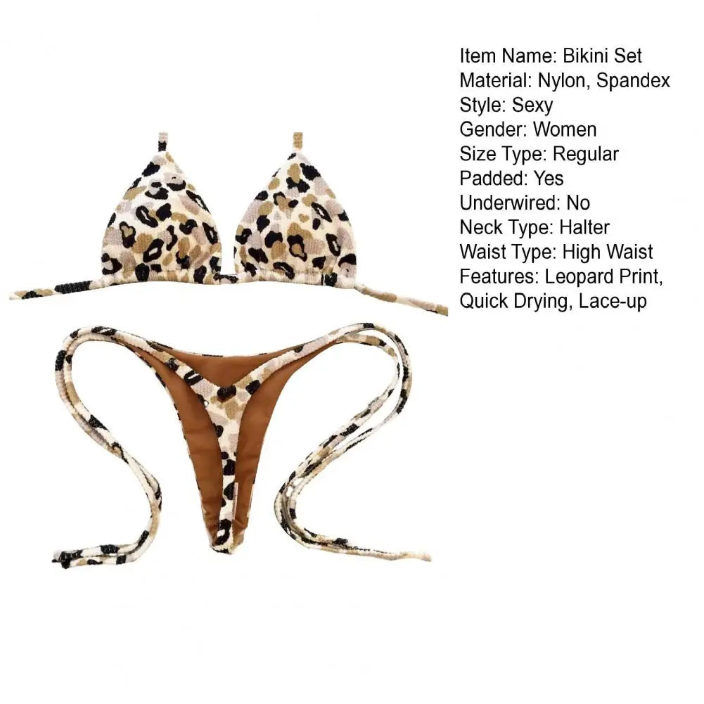 Two Piece Bikini Set Leopard Print Halter Bikini Set Cherry Print Thong Swimsuit High Waist Lace-up Bathing Suit - The Clothing Company Sydney