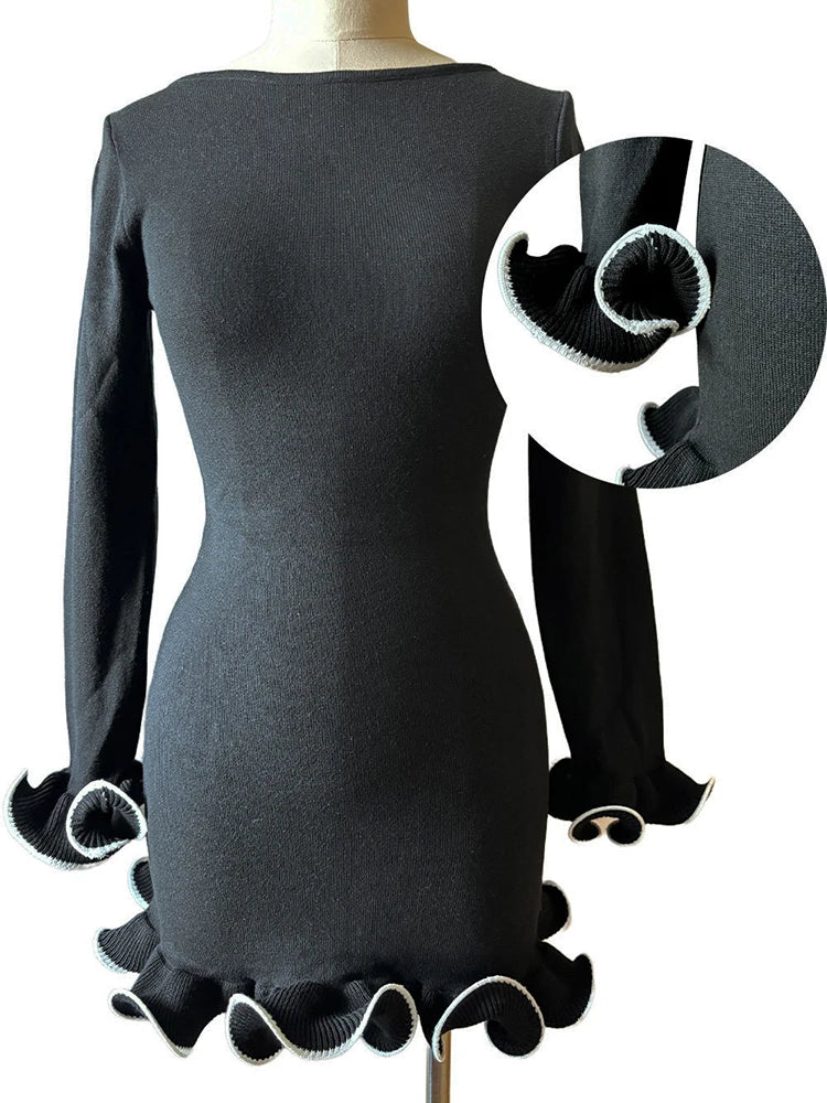 Autumn Knitted Mini Contrast Color Slim Sweater Dress Elegant Party  Long Sleeve Dress - The Clothing Company Sydney