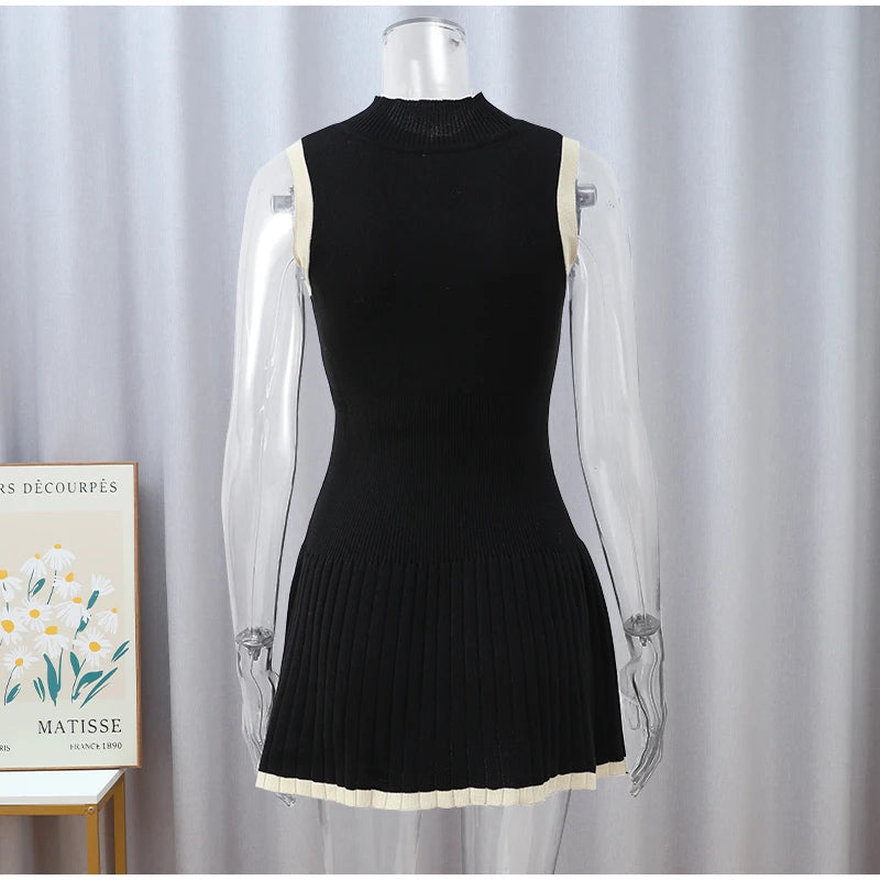 Women's Knitted O-neck Mini Dress Elegant Sleeveless High Waist Pleated Dresses - The Clothing Company Sydney