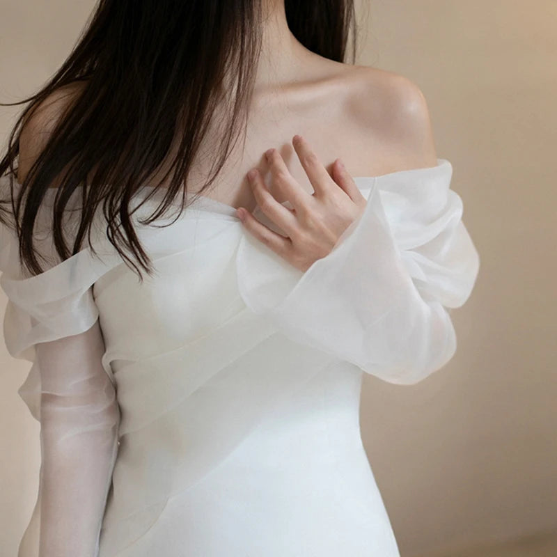 One Shoulder Satin Light Wedding Dress with Simple and Slim Fit Sweet Long Sleeved Bride Evening Gown - The Clothing Company Sydney