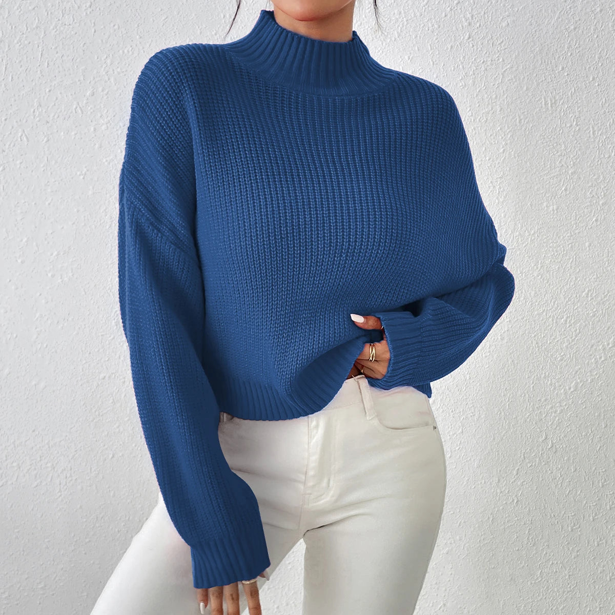 Women's Ribbed Knitted Sweater Mock Neck Long Sleeve Pullover High Neck Drop Shoulder Jumper - The Clothing Company Sydney