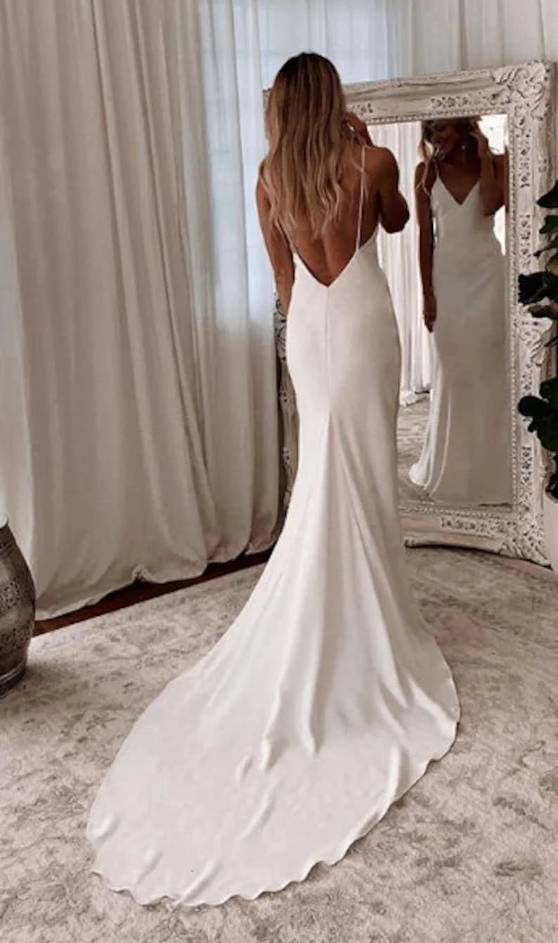 Satin Wedding Dress V-neck Spaghetti Straps Backless Formal Pleat Bridal Grown - The Clothing Company Sydney