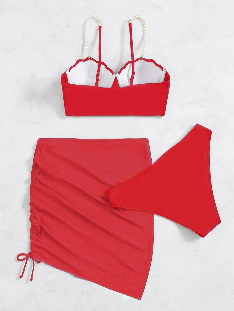 3 Piece Women's Swimsuit Off Shoulder Suspender Pure Cotton Fashion Backless Beach Split Swimwear - The Clothing Company Sydney