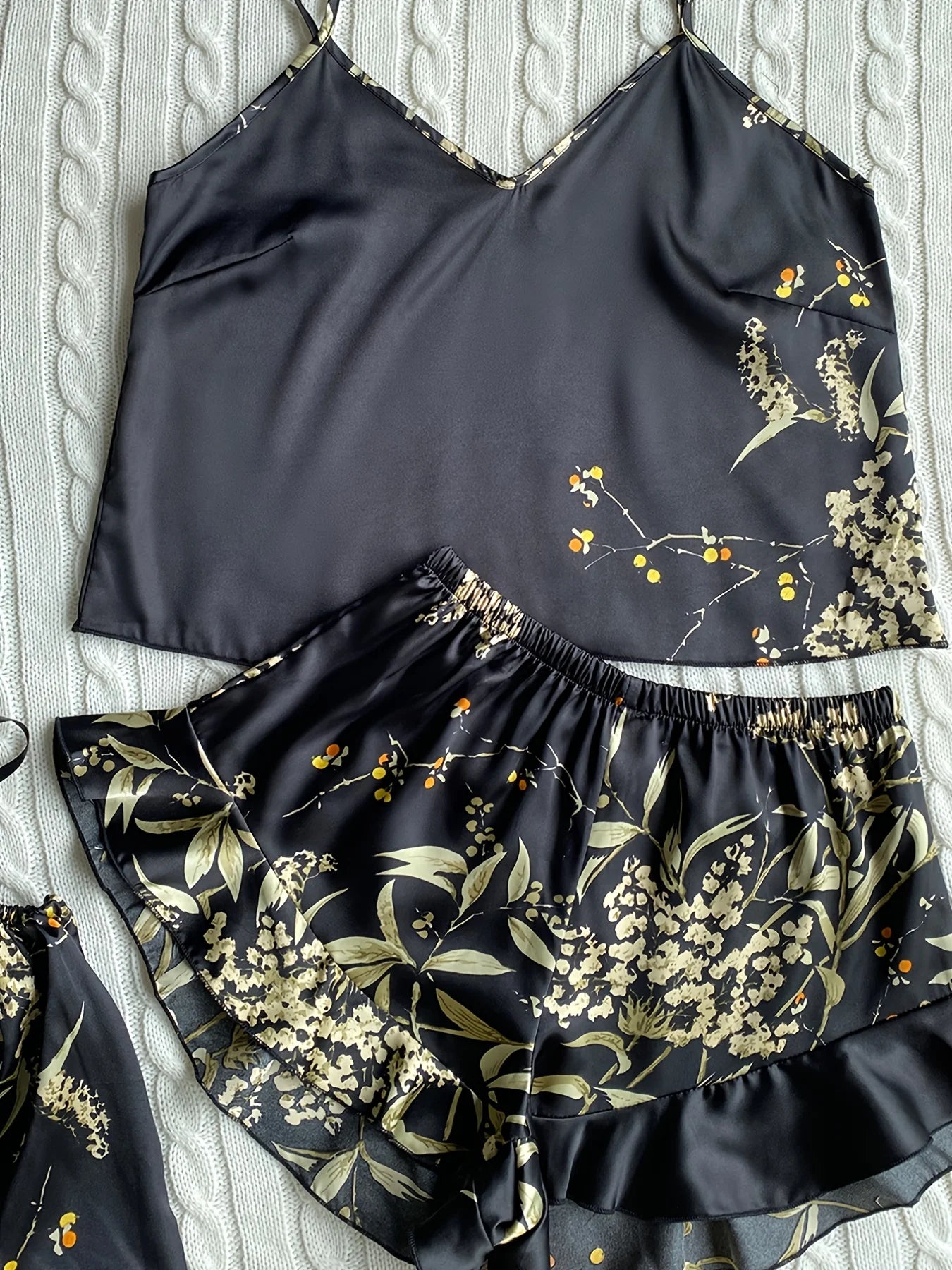 Women's Floral Cami Pyjama Set with Matching Bag – Ruffle Hem Shorts Sleepwear - The Clothing Company Sydney