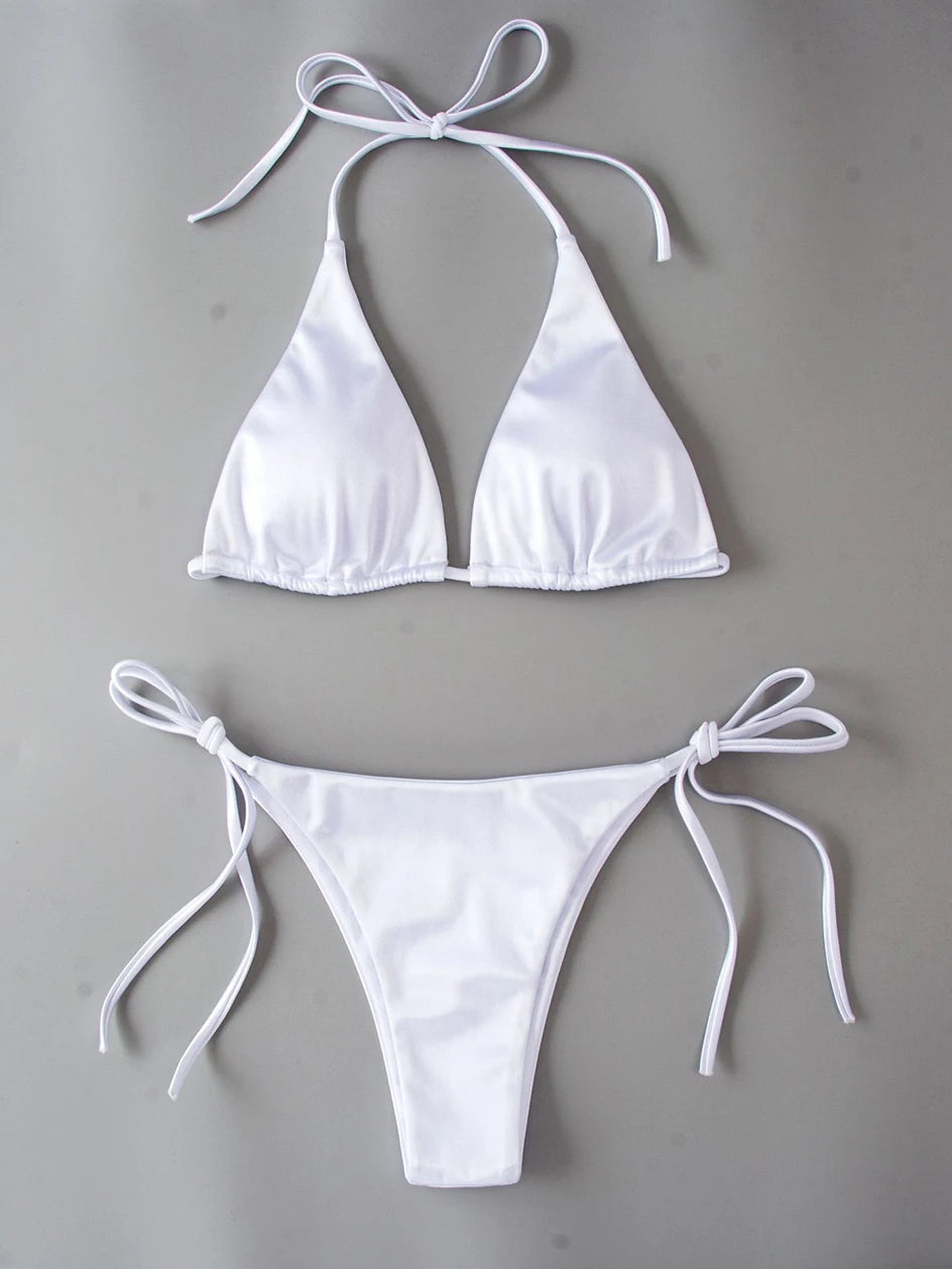 Metallic Halter Triangle Swimsuit Women Swimwear Bathing Suits Brazilian Thong Micro Bikinis Set Beach Wear - The Clothing Company Sydney