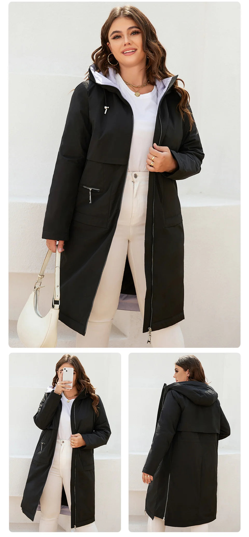 Women's jacket spring zipper long trench hooded outwear parka coat - The Clothing Company Sydney