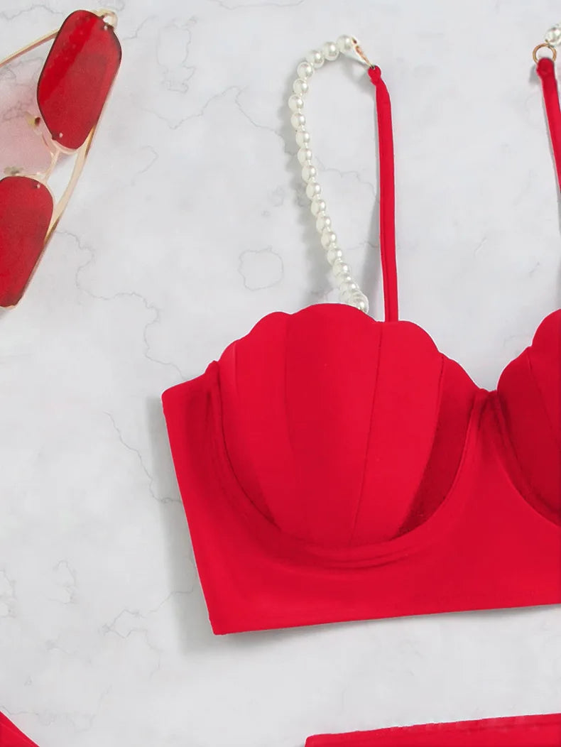 3 Piece Women's Swimsuit Off Shoulder Suspender Pure Cotton Fashion Backless Beach Split Swimwear - The Clothing Company Sydney