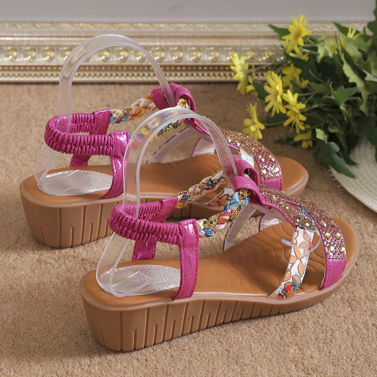 Women's Wedge Summer Shoes Rhinestones Elastic Platform Peep Toe Outdoor Sandals - The Clothing Company Sydney