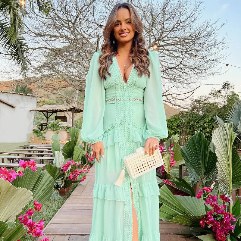 Women V-neck Lantern Long Sleeves Maxi Dress Elegant Patchwork Ruffles Hollow Lace Slim  Summer Dress - The Clothing Company Sydney