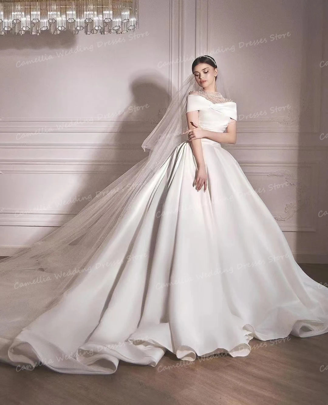 Elegant Women's A Line Beads Off The Shoulder Bridal Gowns Formal Sweep Train Wedding Dress - The Clothing Company Sydney