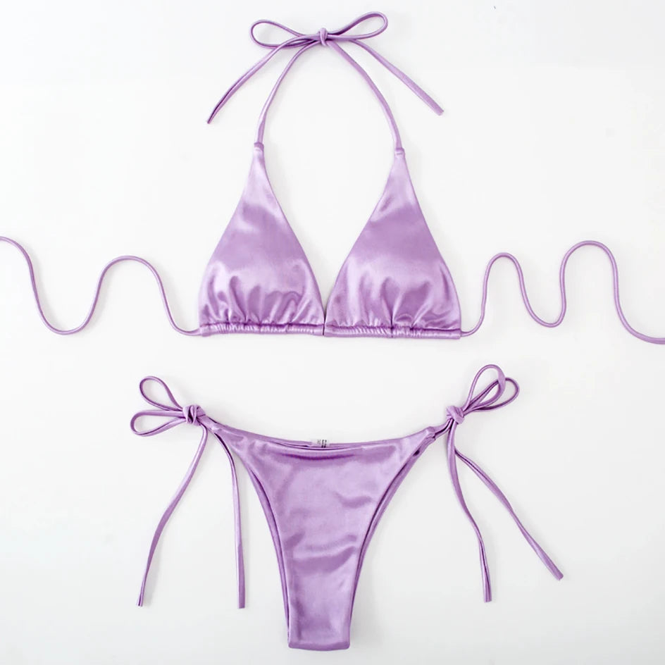 Metallic Halter Triangle Swimsuit Women Swimwear Bathing Suits Brazilian Thong Micro Bikinis Set Beach Wear - The Clothing Company Sydney