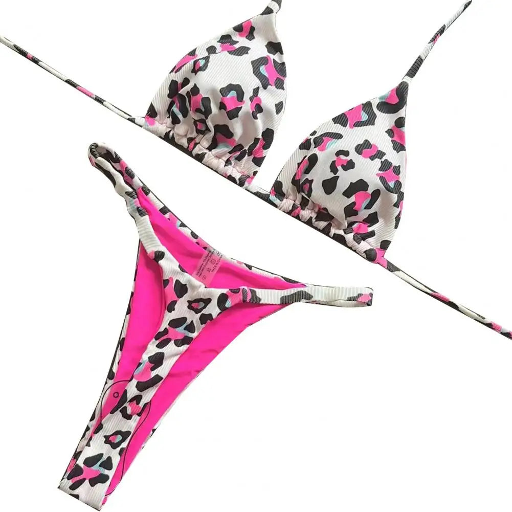 Two Piece Bikini Set Leopard Print Halter Bikini Set Cherry Print Thong Swimsuit High Waist Lace-up Bathing Suit - The Clothing Company Sydney