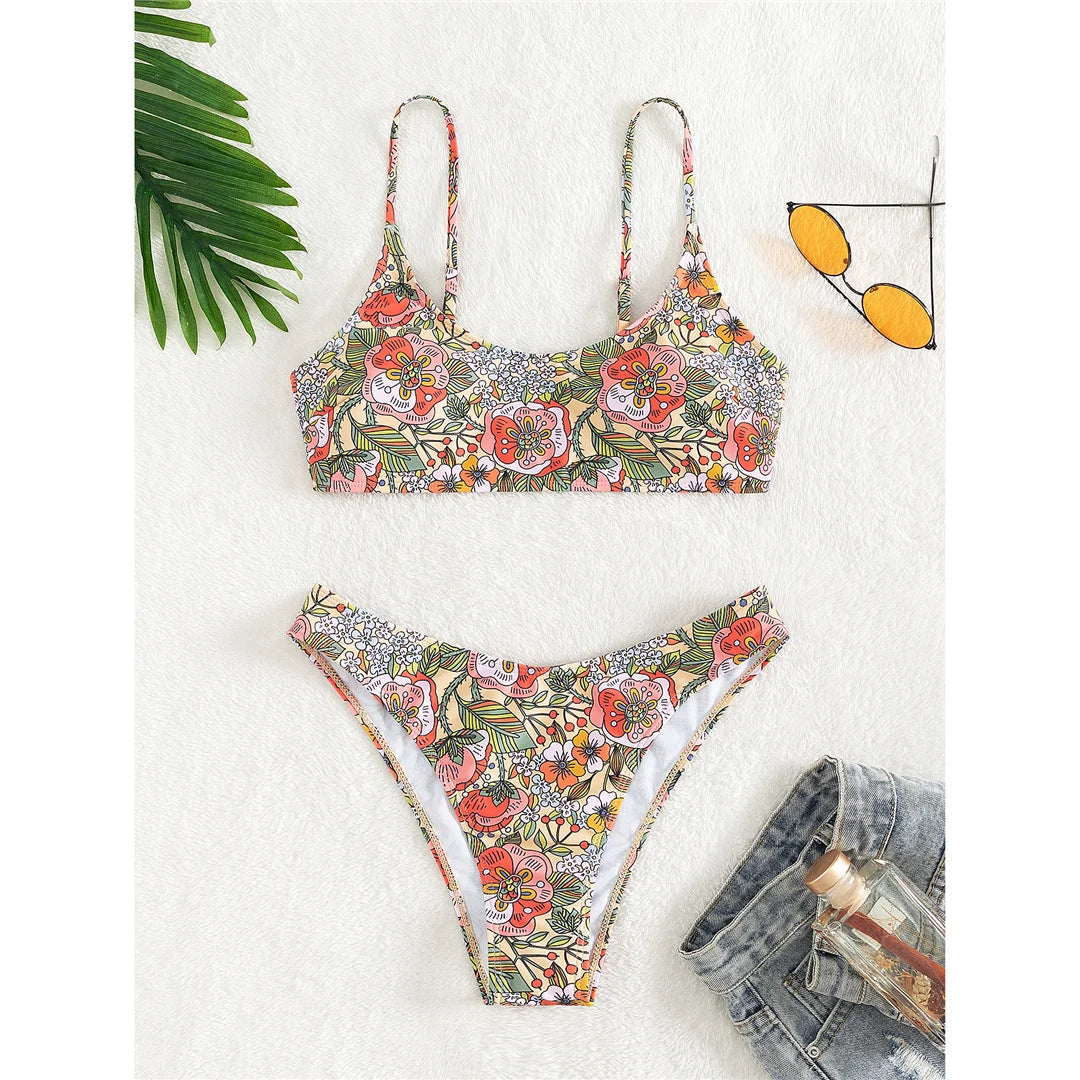 Floral Printed Brazilian Mid Waist Bikini Women Swimwear Swimsuit Two-piece Bikini set Bather Bathing Suit The Clothing Company Sydney