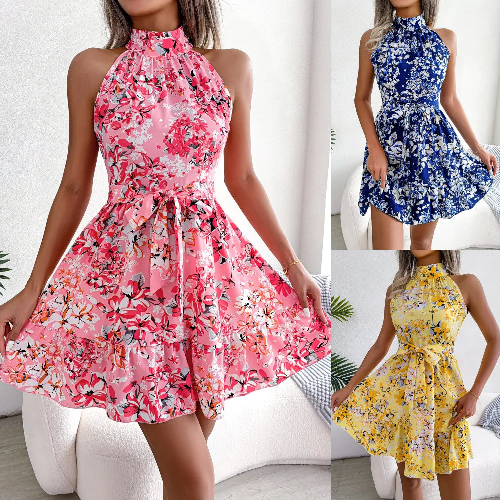 Summer Women O Neck Floral Print Bandage Holiday Beach Sundress Casual Halter Short Dresses The Clothing Company Sydney