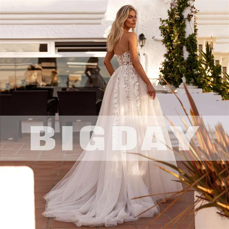 Elegant A-Line Wedding Dress Women  Lace Sweetheart Tulle Open Back Slit Strapless Bridal Gown Sweep Customized Dress The Clothing Company Sydney