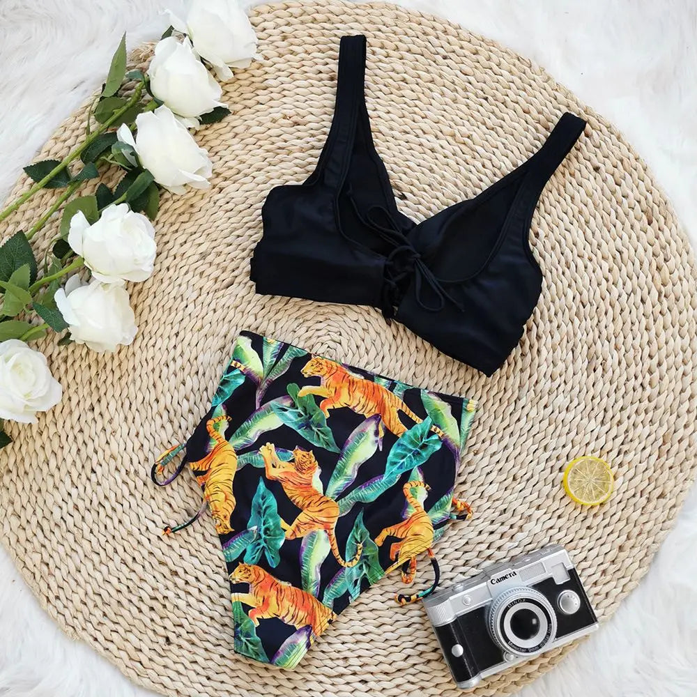 Floral Print V Neck Bikini Sets Tie Back Tie Side Cut Out High Waist High Cut Two Piece Swimsuit Women's Swimwear The Clothing Company Sydney