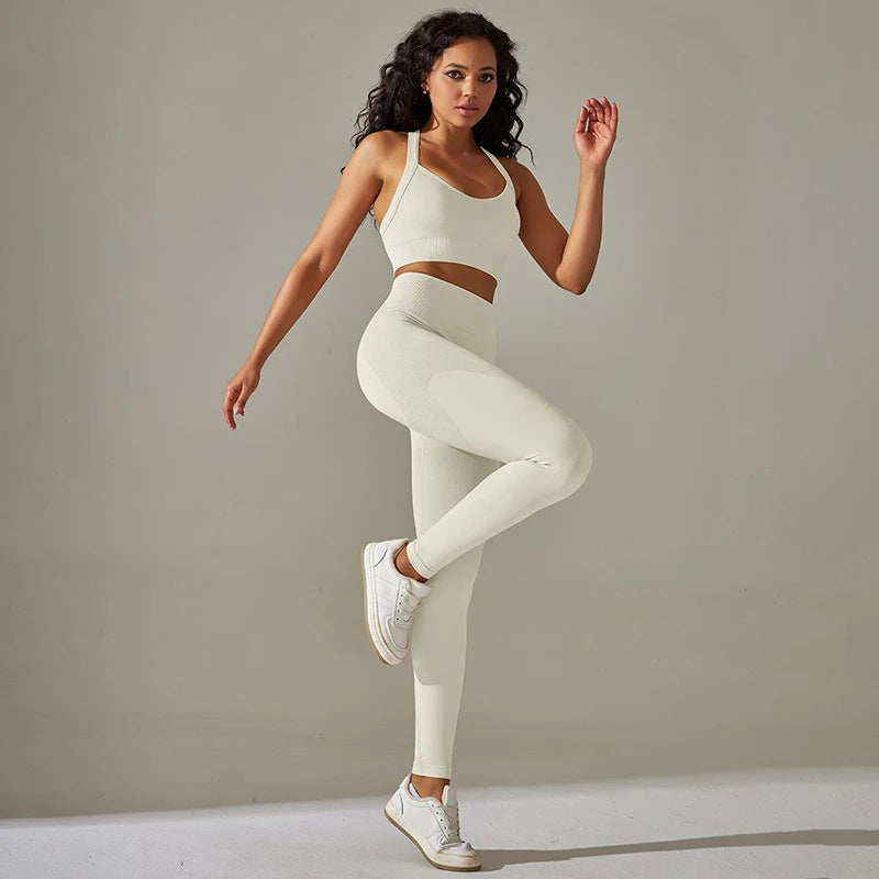 Cross Back Strap Yoga Set Women High Waist Leggings Running Workout Suits Sportswear Seamless Fitness Clothes Tracksuit Set - The Clothing Company Sydney