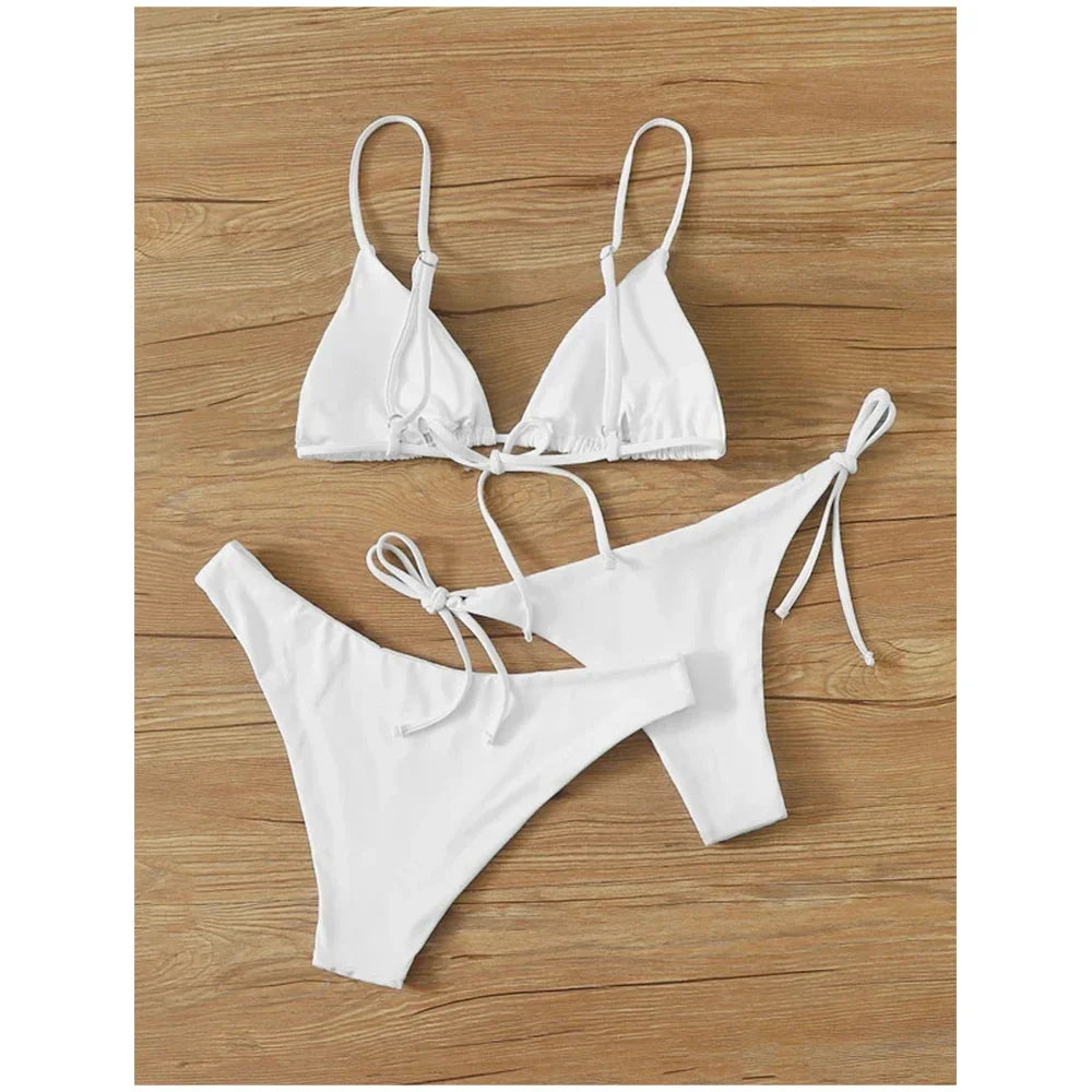 3 Piece Swimwear Women Lace Up Micro Bikini Set Solid Low Waist Swimsuit Beachwear Bathing Suit - The Clothing Company Sydney