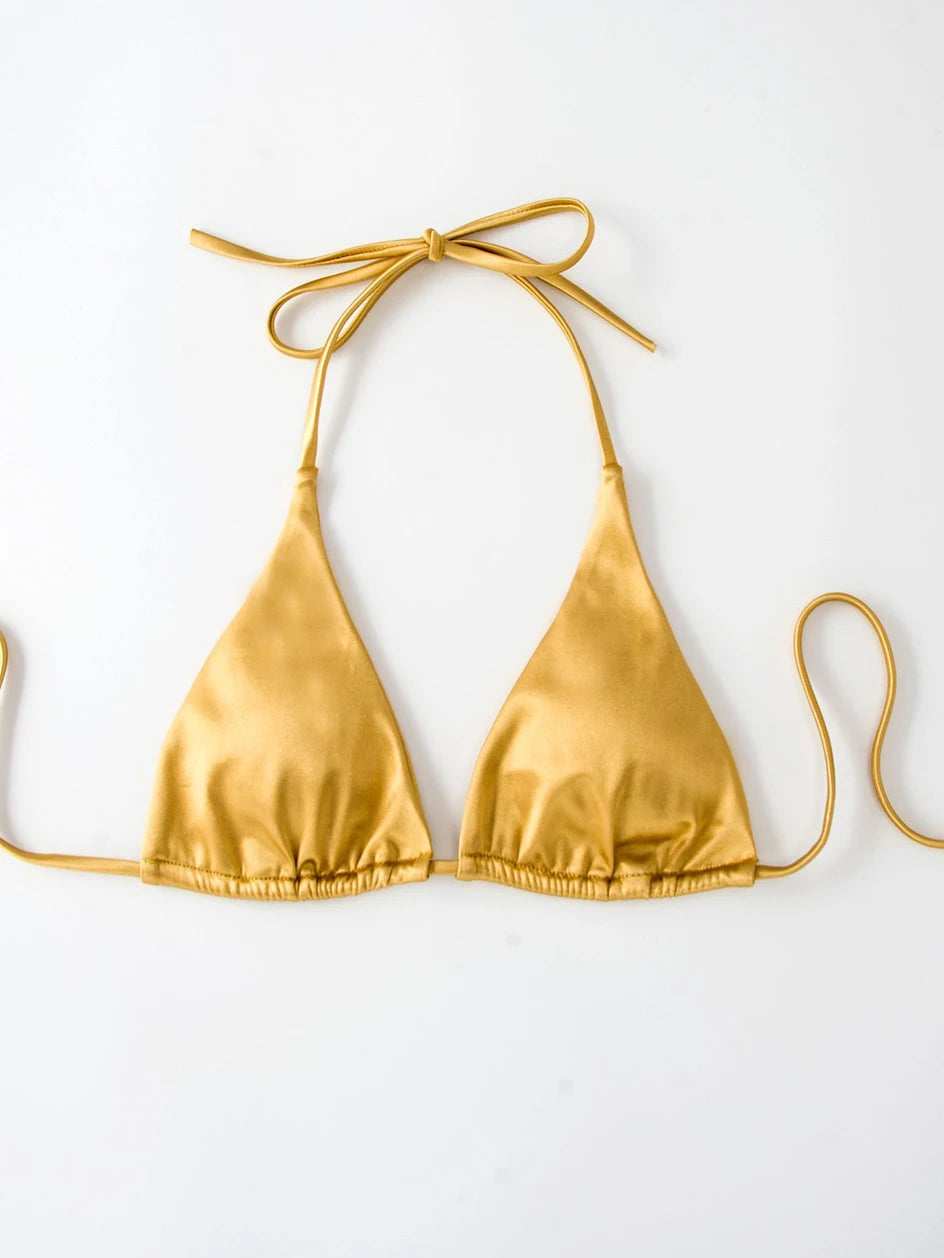 Metallic Halter Triangle Swimsuit Women Swimwear Bathing Suits Brazilian Thong Micro Bikinis Set Beach Wear