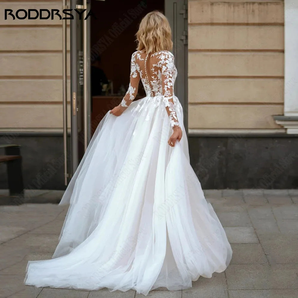 Elegant A-Line Lace Long Sleeve Scoop Neck Applique Bridal Gowns Plus Size Wedding Dress The Clothing Company Sydney