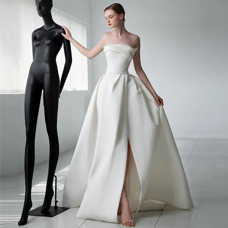 Luxury White Satin Trailing Wedding Dresses Women Elegant Strapless Long Prom Party Bridal Dress - The Clothing Company Sydney