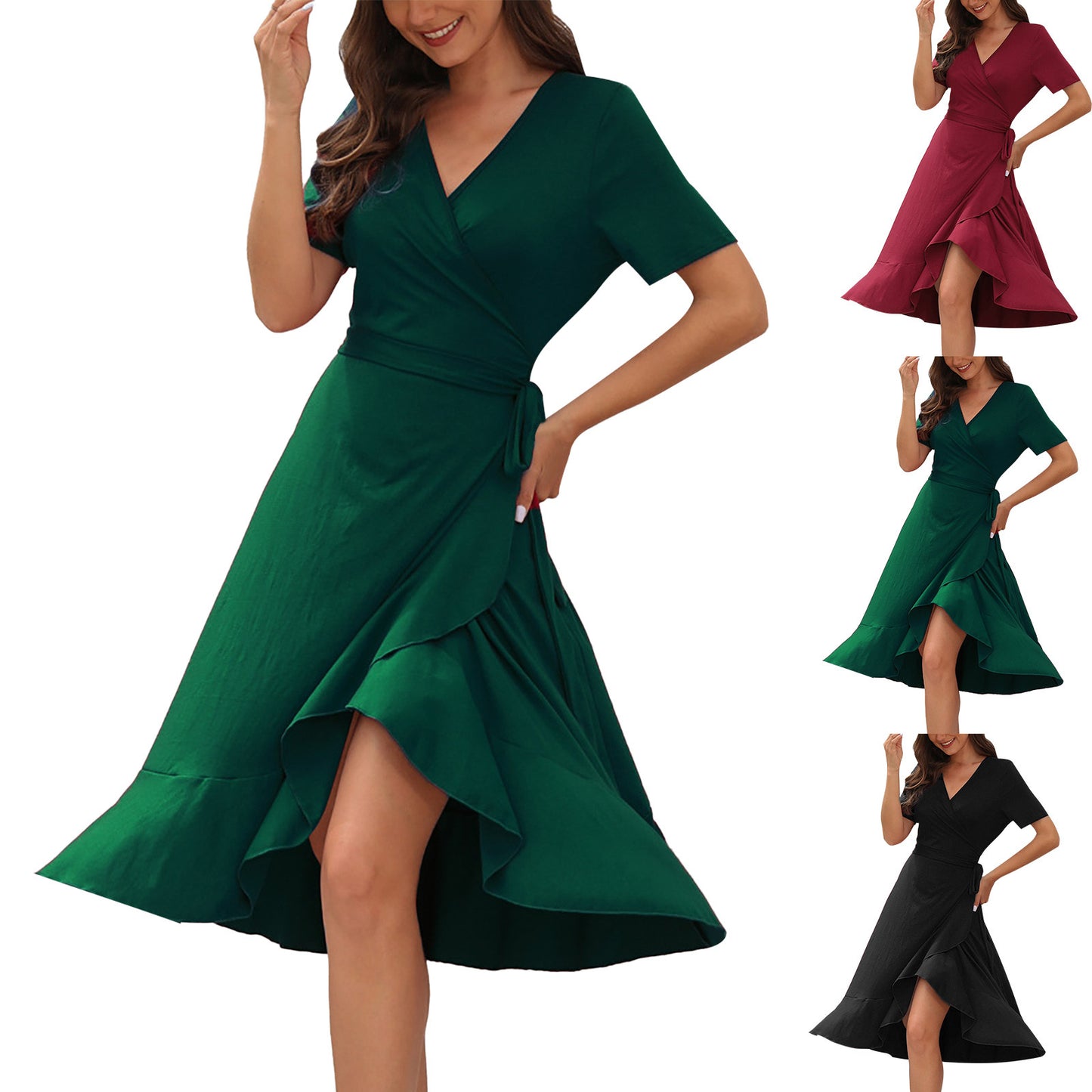 Short Sleeve Ladies Summer Ruffle Hem Slim Wrap Dresses With Belt - The Clothing Company Sydney