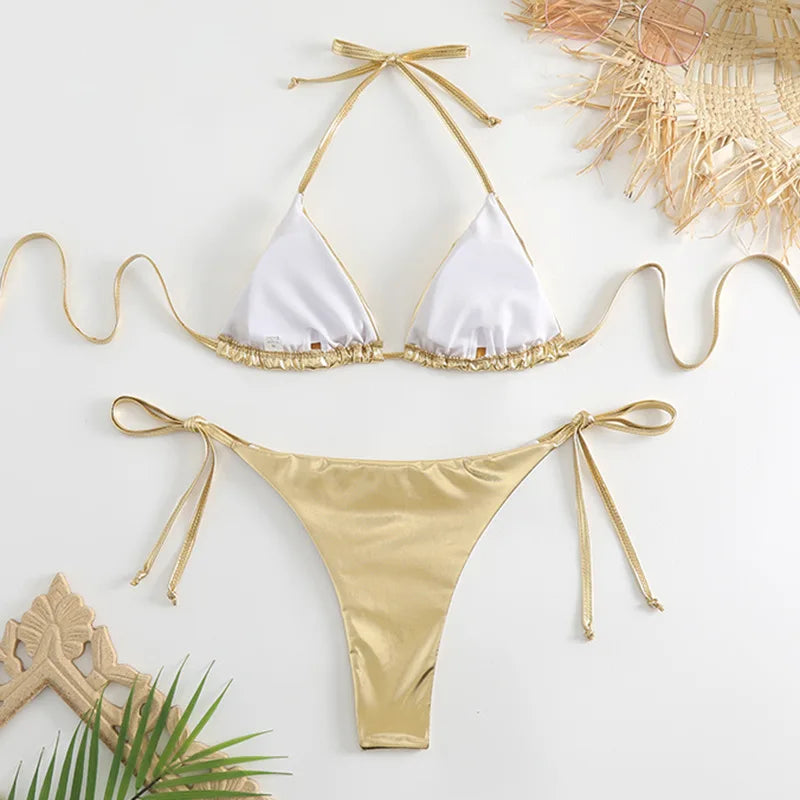 2 Piece Shiny Triangle Micro Thong Bikinis Sets Swimsuit Mini Swimwear Bathing Swiming Suits - The Clothing Company Sydney