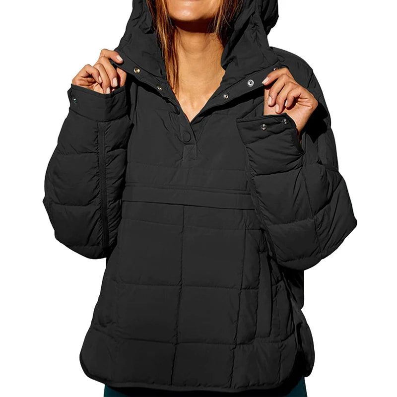 Autumn Winter Padded Jacket For Women Fashion Pockets Long Sleeves Hooded Pullovers Casual Coat - The Clothing Company Sydney