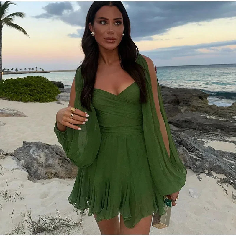 Green Pleated Mini Elegant V-neck Split Long Sleeve A-line Summer Lady Solid Backless Lace Up Dress - The Clothing Company Sydney