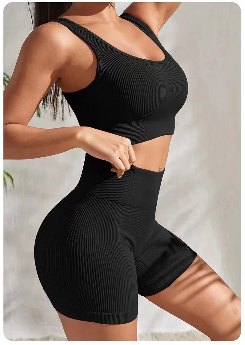 2 Piece Ribbed Yoga Sports Women Seamless Crop Top Bra Shorts Yoga Set Elastic Sportsuit Workout Outfit Fitness Gym Clothes The Clothing Company Sydney