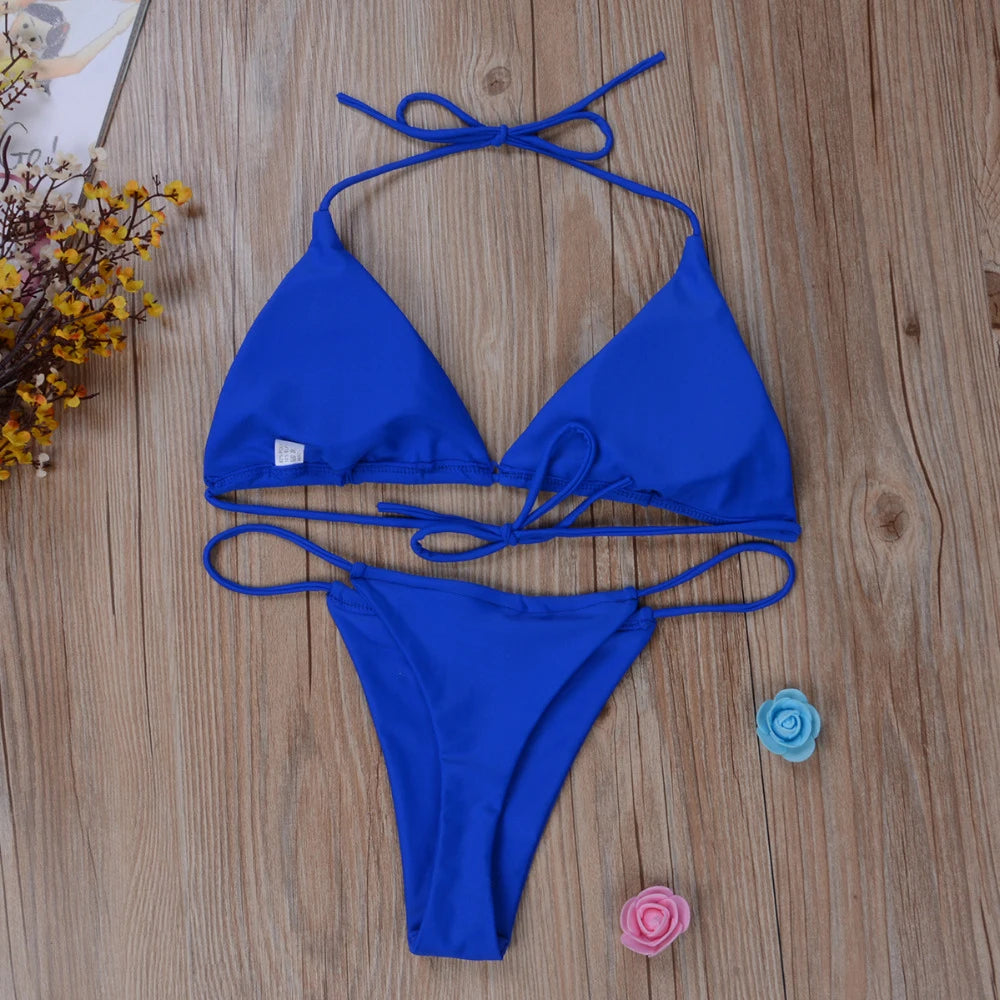 Women's Thong Bikini Set Side Halter Tie Swimsuit Ladies Split Strap Adjustable Bandage Style Brazilian Swimwear Beachwear The Clothing Company Sydney