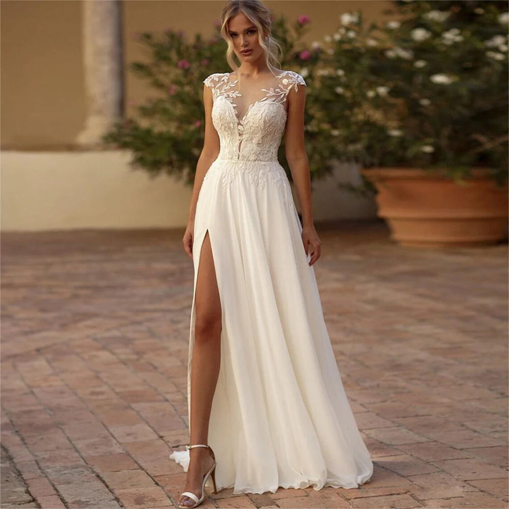 Elegant Boho Lace Wedding Dress Chiffon O-Neck Illusion Back Side Split Applique Bridal Party Gown Customised Wedding Dress The Clothing Company Sydney
