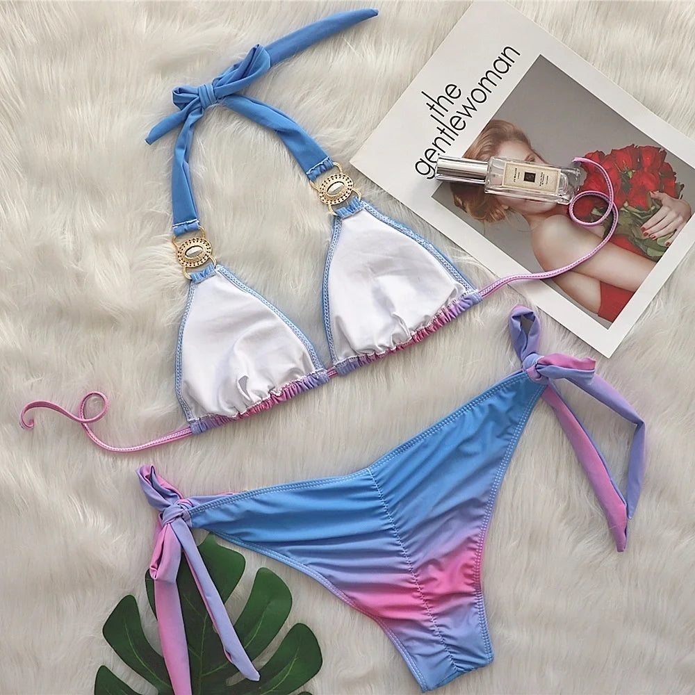 2 Piece Rhinestone Swimsuit Crystal Thong String Bikini Set Swimwear Beach Wear Bathing Suit - The Clothing Company Sydney