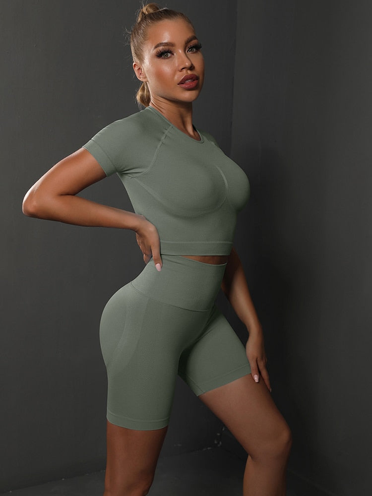 2 Piece Seamless Yoga Set Gym Sportswear Sport Top and High Waist Short Suit Fitness Workout Butt Lifting Short Tight Suit The Clothing Company Sydney