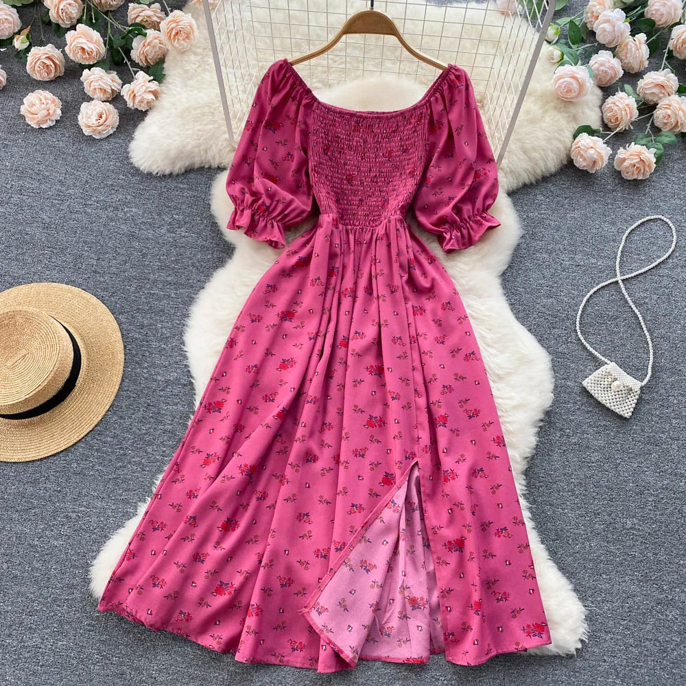 Women's Fashion Romantic Floral Print Split Long Summer Dress Puff Sleeve Party Dress - The Clothing Company Sydney
