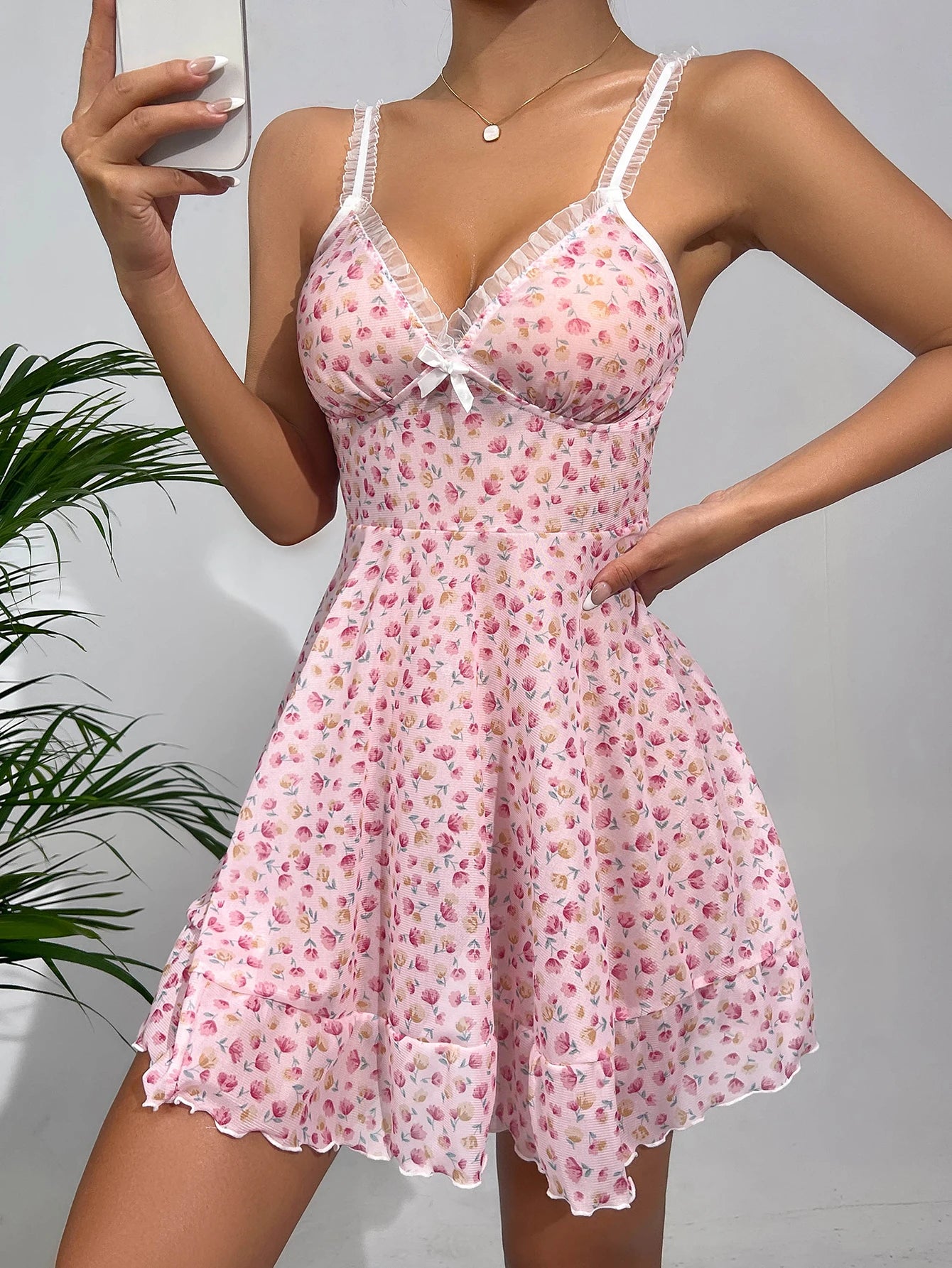 Summer Pink Dress Floral Printed Lace for Women Home V-neck with Strap Camisole Nightdress - The Clothing Company Sydney