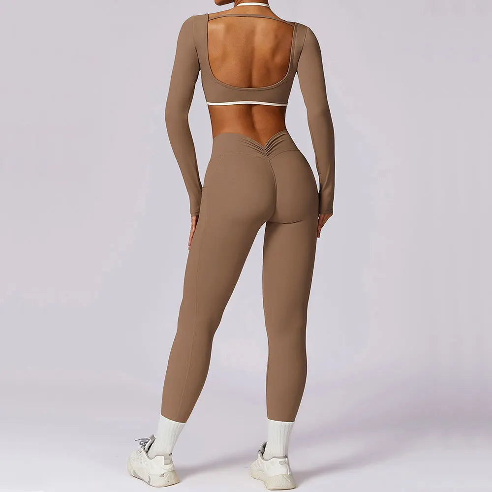 2 Piece Womens Tracksuit Yoga Set Workout Sportswear Gym Clothing Fitness Long Sleeve Crop Top High Waist Leggings Sports Suits - The Clothing Company Sydney