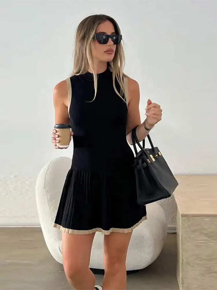 Women's Knitted O-neck Mini Dress Elegant Sleeveless High Waist Pleated Dresses - The Clothing Company Sydney