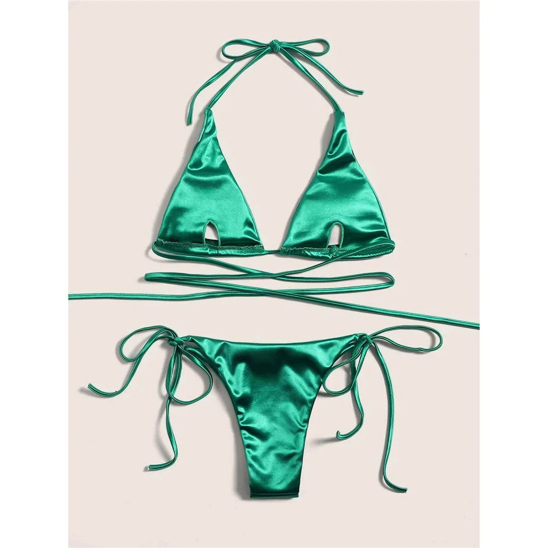 Halter Satin Brazilian Bikini Women Swimwear Female Swimsuit Two-piece Bikini set Bather Bathing Suit The Clothing Company Sydney