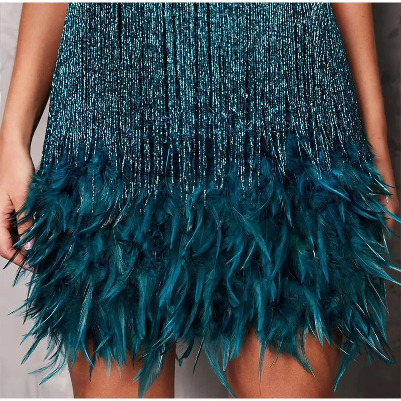 Tassel Sequins Feather Mini Dress Women's Spaghetti Strap Stitching Elegant Evening Party Club Dress - The Clothing Company Sydney