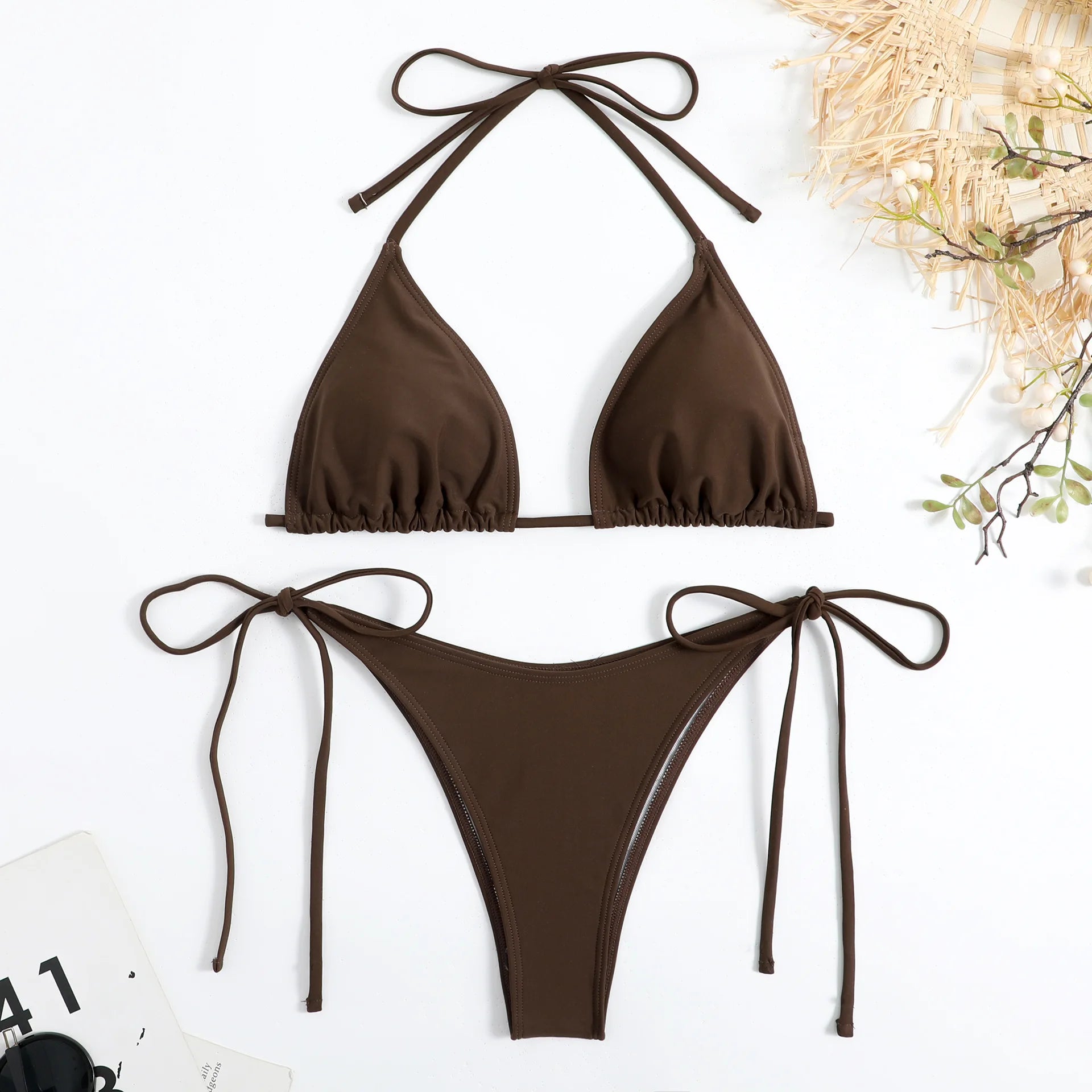 2 Piece Brown Bikini Red Halter Push Up Bra Tie Side Triangle Swimsuit Summer Bathing Suit Lace Up Micro Swimwear - The Clothing Company Sydney