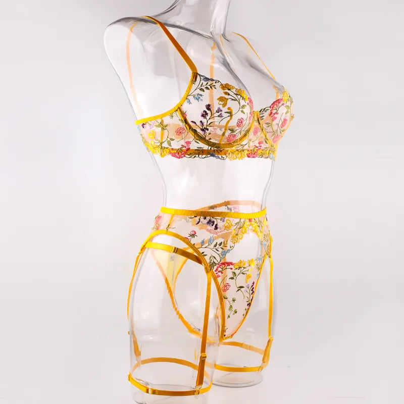 3 Piece Lingerie Sensual Lace Underwear Transparent Embroidery Garters Fancy Beautiful Bra Panties Intimate Set The Clothing Company Sydney