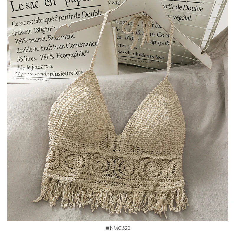Crop Tops Retro Wild Hollow Perspective Tassel Spaghetti Strap Tank Top Women Built In Bra Back Lace Halter Neck Top - The Clothing Company Sydney