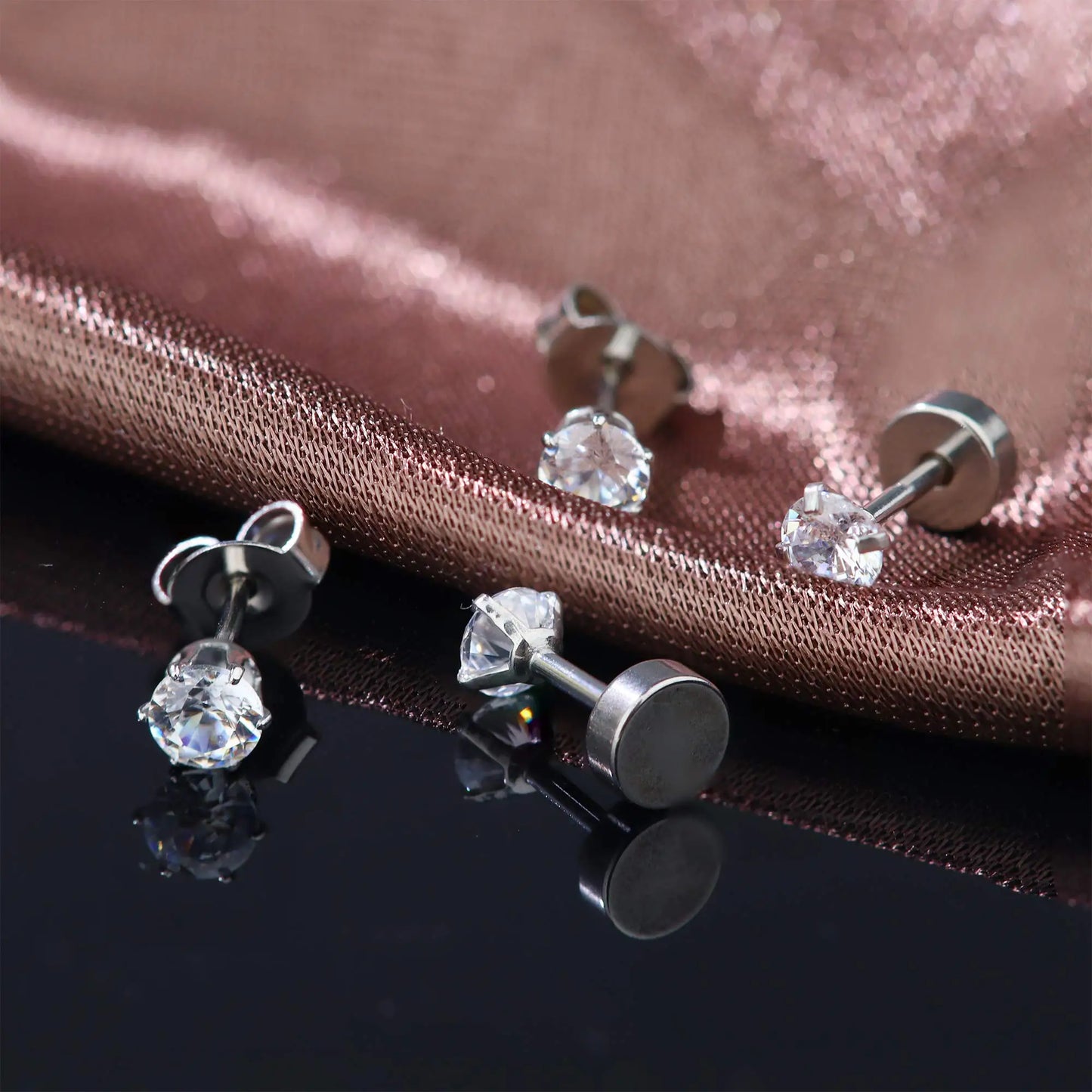 3-8mm Small Black Silver Colour Earrings Stone CZ Crystal Ear Studs Surgical Steel Cubic Unisex Accessories - The Clothing Company Sydney